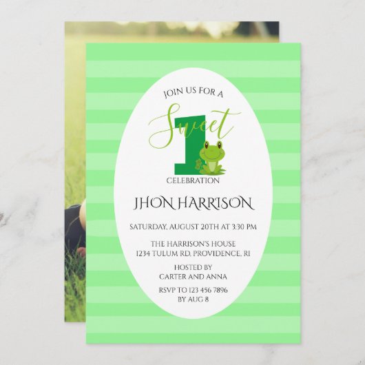 Frog Erstgeburtstag Party Streifen Einladung (Vorne/Hinten)