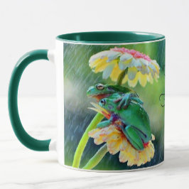 Frog Friends genießen den Regen unter einer Blume Tasse