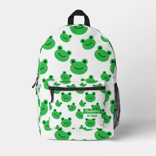 Frog Happy Face Pattern Grün Moderner Niedlicher C Bedruckter Rucksack (Vorderseite)