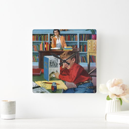 Frog in der Bibliothek Quadratische Wanduhr (Zuhause)