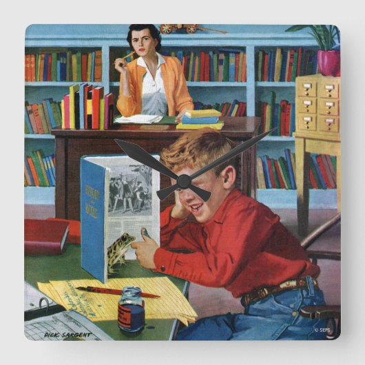 Frog in der Bibliothek Quadratische Wanduhr (Vorderseite)