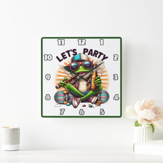 Frog in einer Kappe genießen ein Party auf einem S Quadratische Wanduhr (Zuhause)