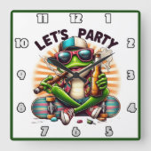 Frog in einer Kappe genießen ein Party auf einem S Quadratische Wanduhr (Vorderseite)