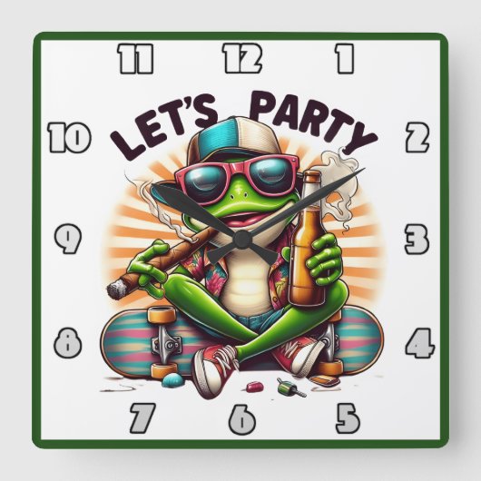 Frog in einer Kappe genießen ein Party auf einem S Quadratische Wanduhr (Vorderseite)