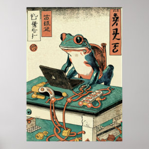 Frog Playing PC Games, Ukiyo-e Frog Art, Frog Poster