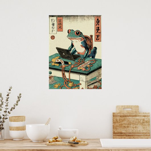 Frog Playing PC Games, Ukiyo-e Frog Art, Frog Poster (Küche)
