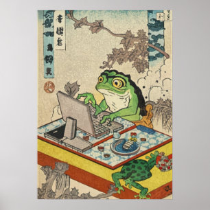 Frog Playing PC Games, Ukiyo-e Frog Art, Frog Poster