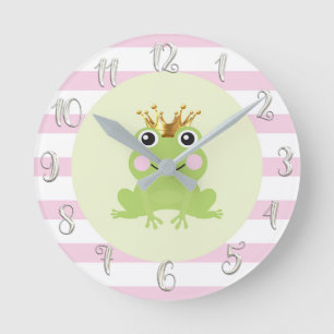 Frog Prince Gold Crown Cute Whimsical Nursery Pink Runde Wanduhr