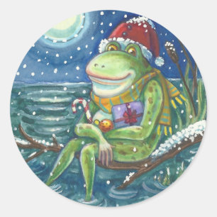 FROG SANTA ON LOG, HOLLIDAY CHRISTMAS STICKERS RUN
