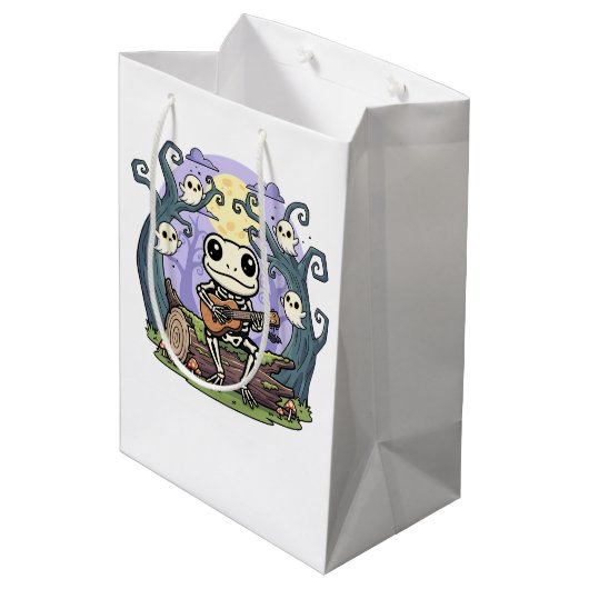 Frog Skeleton Playing Ukulele with Ghosts Mittlere Geschenktüte (Rückseite Schrägansicht)