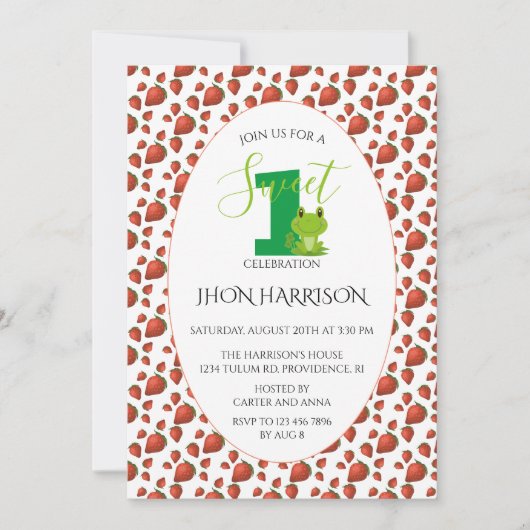 Frog Strawberry Erster Geburtstagsparty Kawaii Einladung (Vorderseite)