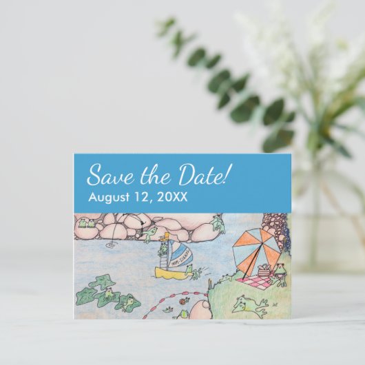 Frog Treehouse Save the Date Postcard, Custom rv Ankündigungspostkarte (Stehend Vorderseite)