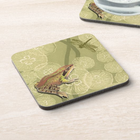 Frog und Dragonfly auf Water Lilies Getränkeuntersetzer (Linke Seite)