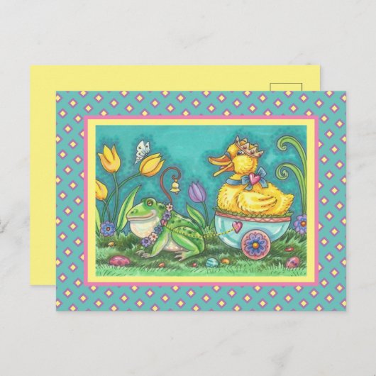 FROG UND ROYAL DUCKLING. WHIMSICAL EASTER POSTCARD POSTKARTE (Vorne/Hinten)