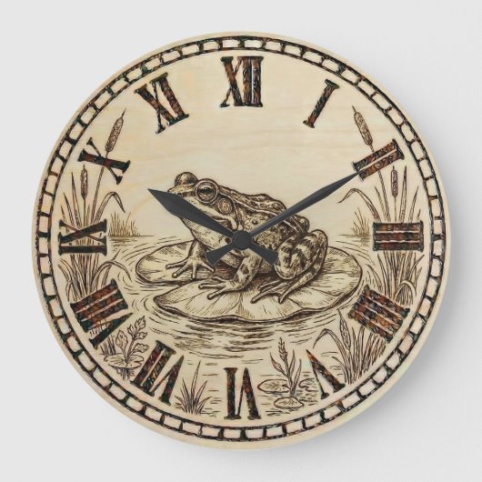 Frog Wall Clock | Wood-Burned Nature Style Große Wanduhr (Vorderseite)