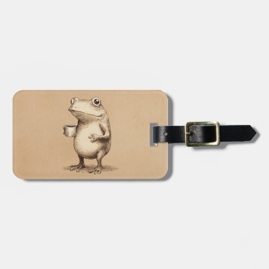 Frog with Coffee – Whimsical Vintage Animal Gepäckanhänger (Vorderseite horizontal)