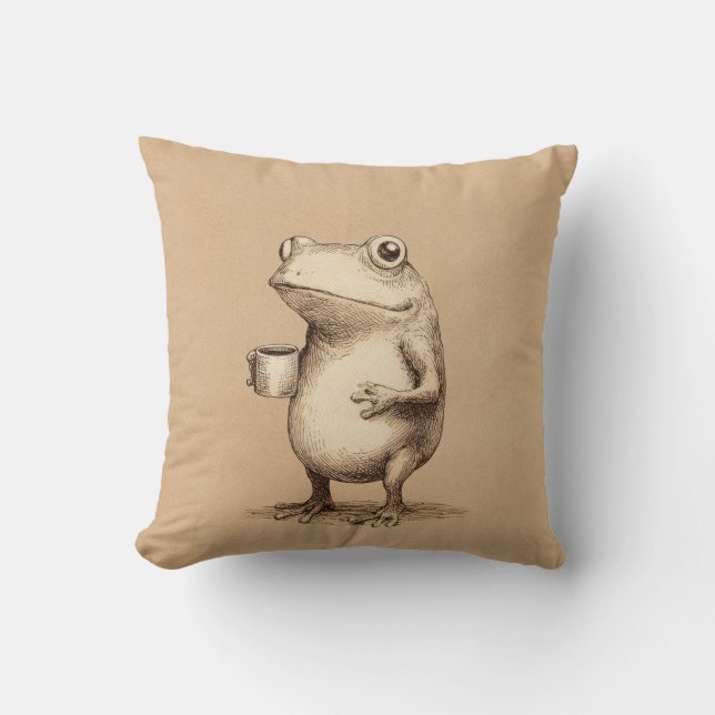 Frog with Coffee – Whimsical Vintage Animal Kissen (Vorderseite)
