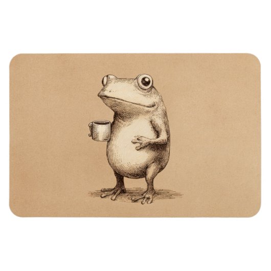 Frog with Coffee – Whimsical Vintage Animal Magnet (Horizontal)