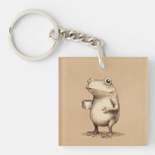 Frog with Coffee – Whimsical Vintage Animal Schlüsselanhänger (Vorderseite)
