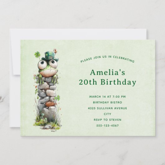 Frog with Green Hat and Shamrock Cute Birthday Einladung (Vorderseite)