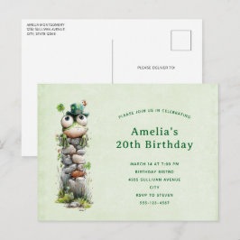 Frog with Green Hat and Shamrock Cute Birthday Einladungspostkarte