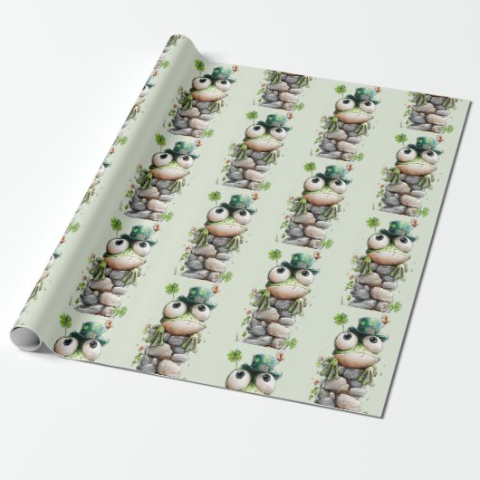 Frog with Green Hat and Shamrock Cute Pattern Geschenkpapier (Ungerollt)