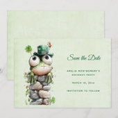 Frog with Green Hat and Shamrock Cute Save The Date (Vorne/Hinten)