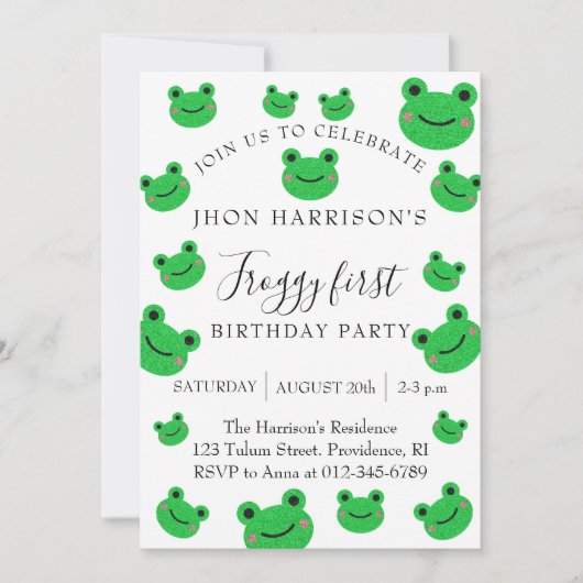 Froggy First Birthday Party Green Frog Einladung (Vorderseite)