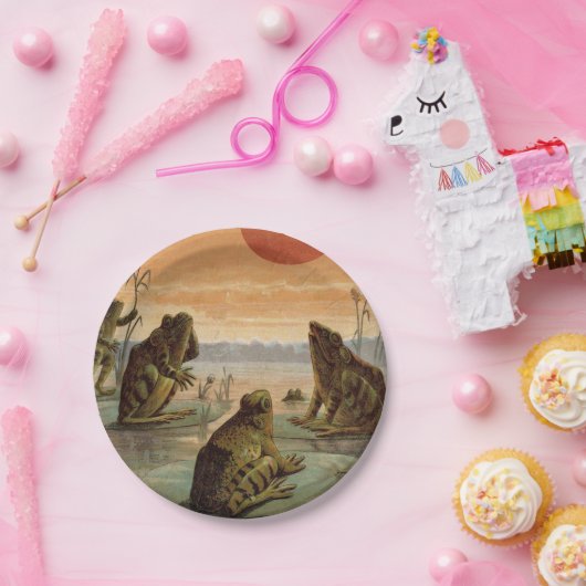 Frogs Lily Pads Moon Illustration Pappteller (Party)