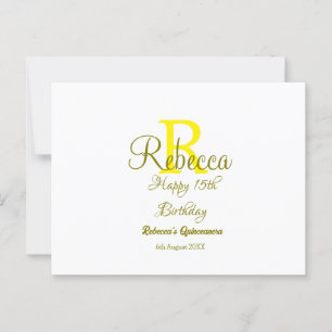 Frohe 15. Geburtstag Gelb Name Monogramm modern Postkarte