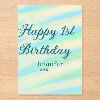 Frohe 1. Geburtstag Kinder baby blau grün Pastell Acryleinladungen