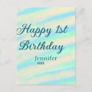 Frohe 1. Geburtstag Kinder baby blau grün Pastell Postkarte