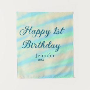 Frohe 1. Geburtstag Kinder baby blau grün Pastell Wandteppich