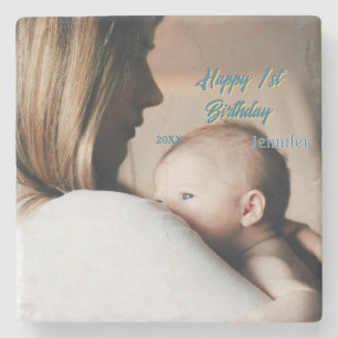 Frohe 1. Geburtstag Kinder Baby Mutter blau gelb p Steinuntersetzer