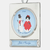 Frohe 1. Weihnachts Couple Snowman Frau Banner-Ornament Silber (Links)