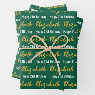 Frohe 21. Geburtstag Gold Name Hunter Grün Weiß Geschenkpapier Set