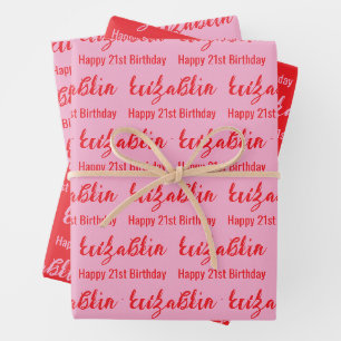 Frohe 21. Geburtstag Name Hellrosa und Rot Geschenkpapier Set