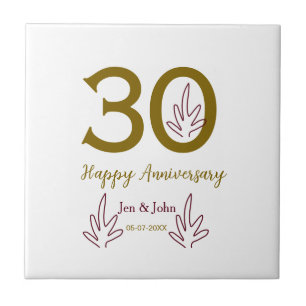 Frohe 30. Hochzeitstag Name Datum goldenes rotes B Fliese