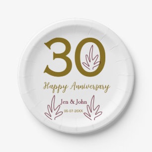 Frohe 30. Hochzeitstag Name Datum goldenes rotes B Pappteller