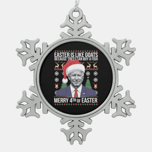 Frohe 4. Osterfest Biden Ugly Weihnachten Schneeflocken Zinn-Ornament (Vorderseite)