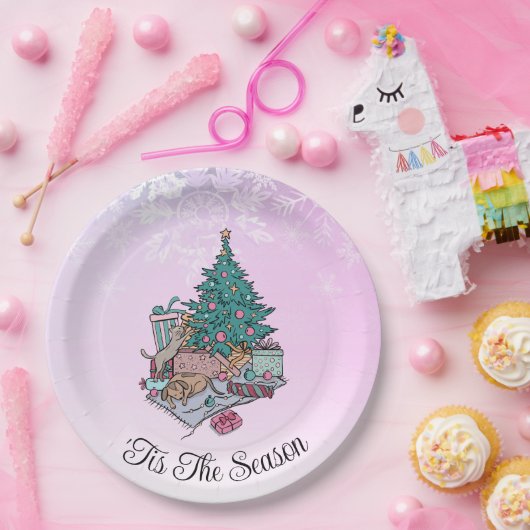 Frohe alles Rosa Weihnachtsbaum Katze und Hund Pappteller (Party)