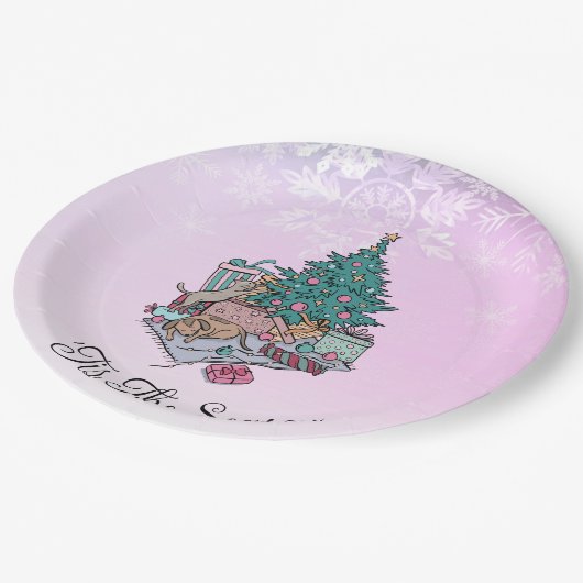 Frohe alles Rosa Weihnachtsbaum Katze und Hund Pappteller (Schrägansicht)