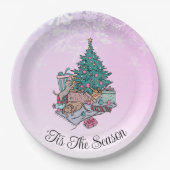 Frohe alles Rosa Weihnachtsbaum Katze und Hund Pappteller (Vorderseite)