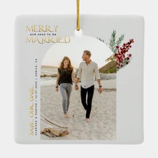 Frohe bald Verheiratet Weihnachten Save the Date Keramikornament (Rückseite)