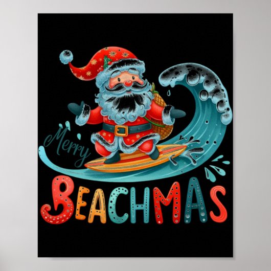Frohe Beachmas Weihnachtsmann Surfen Retro Design Poster (Vorne)