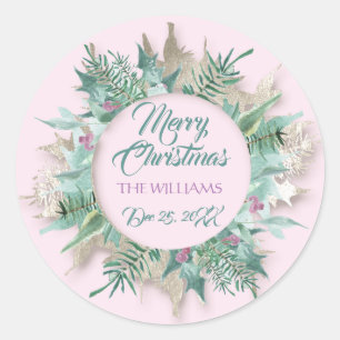 Frohe Belly Weihnachtsfeiertage Wreath Pink Aquama Runder Aufkleber