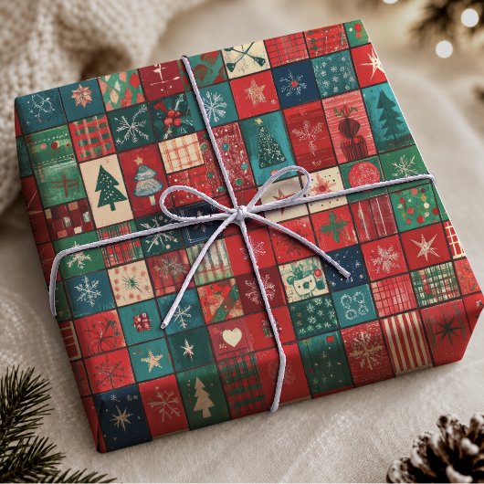 Frohe blaue rote Patchwork-Weihnachtsgeschenkverpa Geschenkpapier
