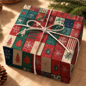 Frohe blaue rote Patchwork-Weihnachtsgeschenkverpa Geschenkpapier