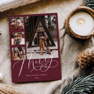 Frohe Burgund-Weihnachtskarte mit mehrfacher Fotoc Feiertagskarte