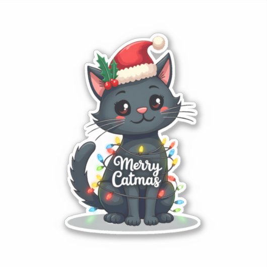 Frohe Catmas Black Cat Weihnachten Weihnachten Wei Aufkleber (Vorderseite)